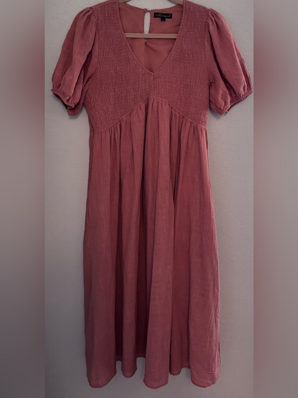 Smocked V-Neck Midi Dress in Salmon